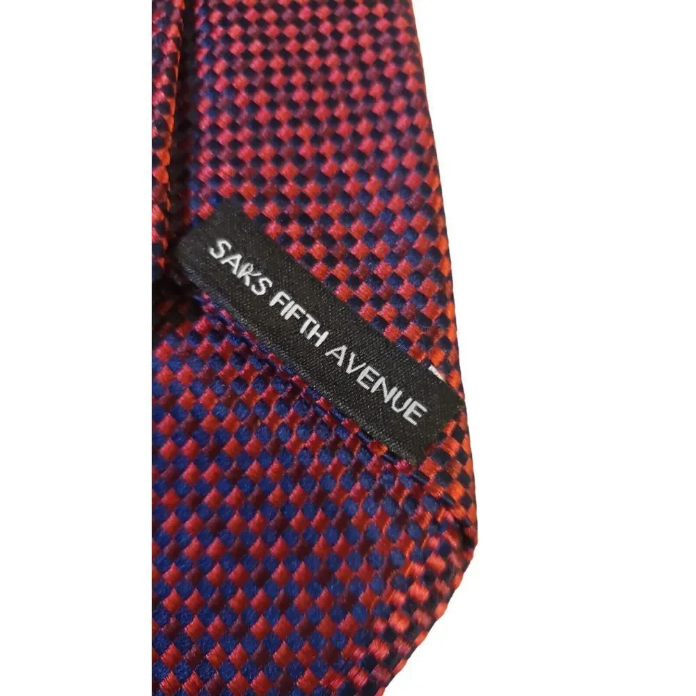 Saks‎ Fifth Avenue Neck Tie Duo Blue & Red Checker and Blue Solid 100% Silk